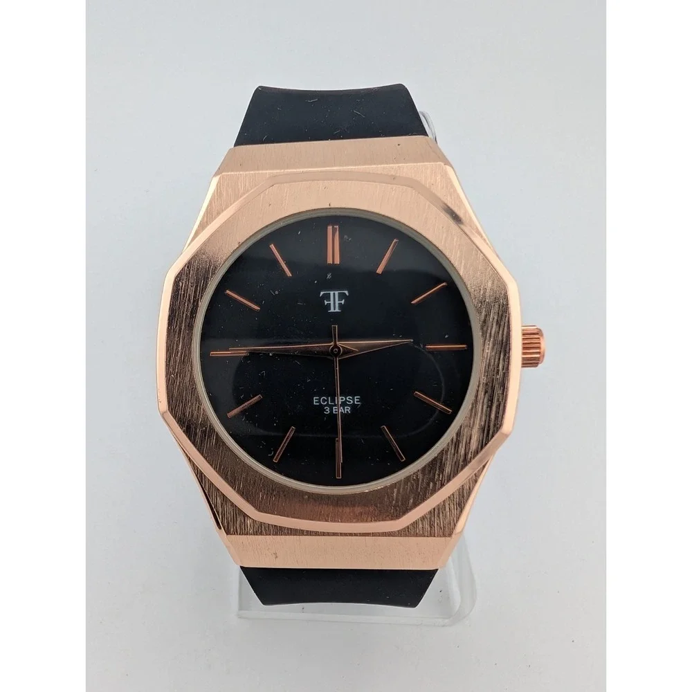 Timecraft Eclipse Men's Watch 42mm Gold Case Black Silicone Band- New Battery
